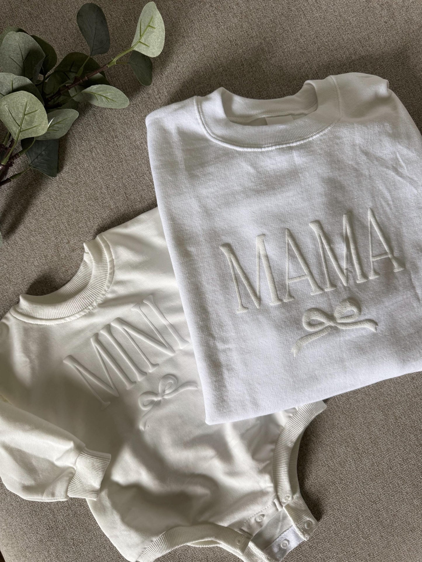 Personalized Mommy and Me Matching Puff Vinyl Apparel / Crewneck, Bubble Romper, Mama, Mini, Custom, Neutral, Sleeve Customization