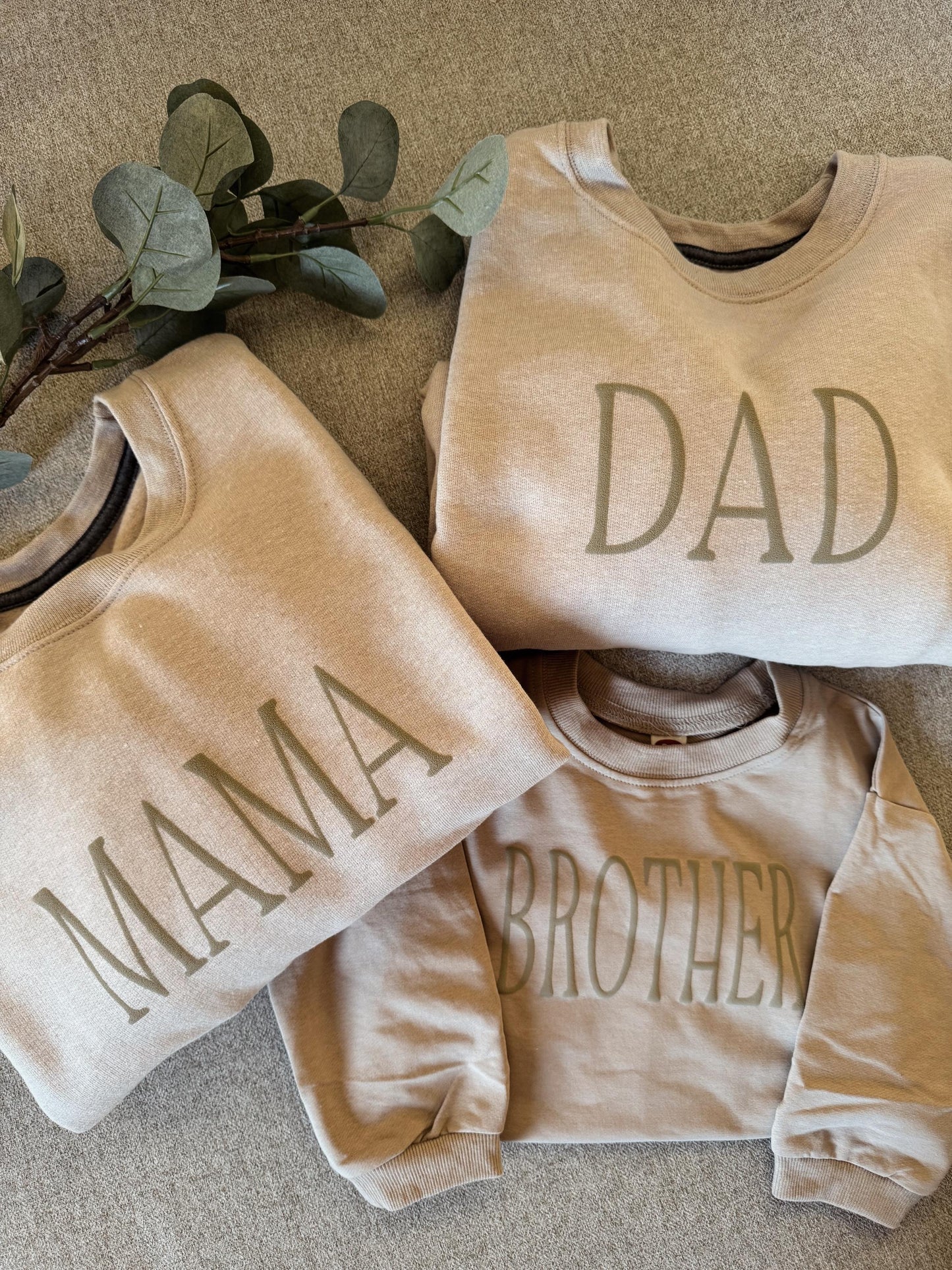 Personalized Matching Puff Family Set / Crewneck,  Romper, Mama, Dada, Mini, Grandma, Auntie, Custom, Neutral, Sleeve Customization