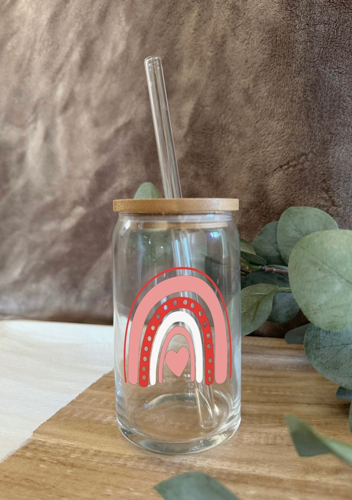 Personalized Valentine's Coffee Cup: Glass Straw and Bamboo Lid, Gifts, Custom, Love