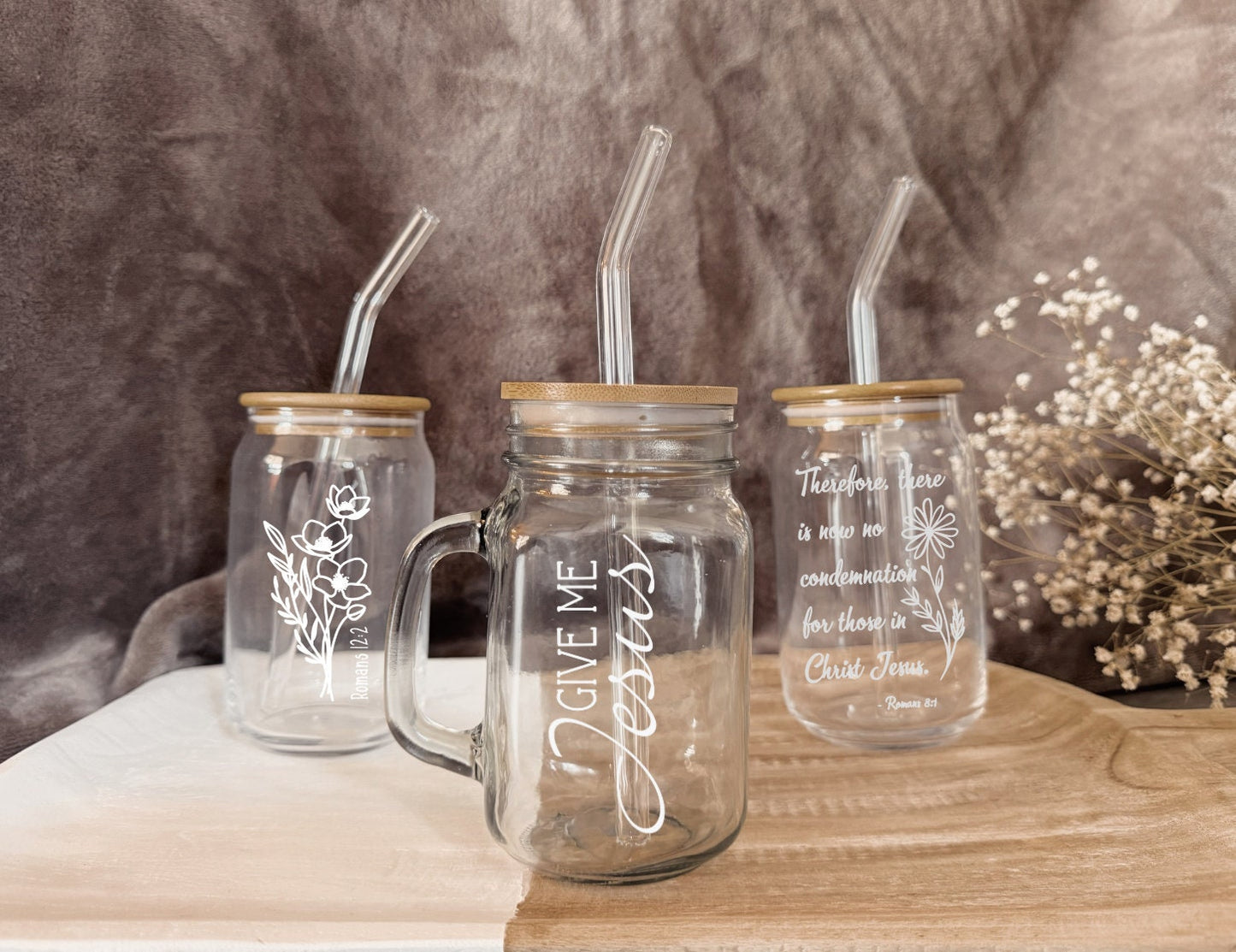 Custom Christian Coffee Cup: Personalized Verse, Glass Straw with Bamboo Lid, Faith Gifts