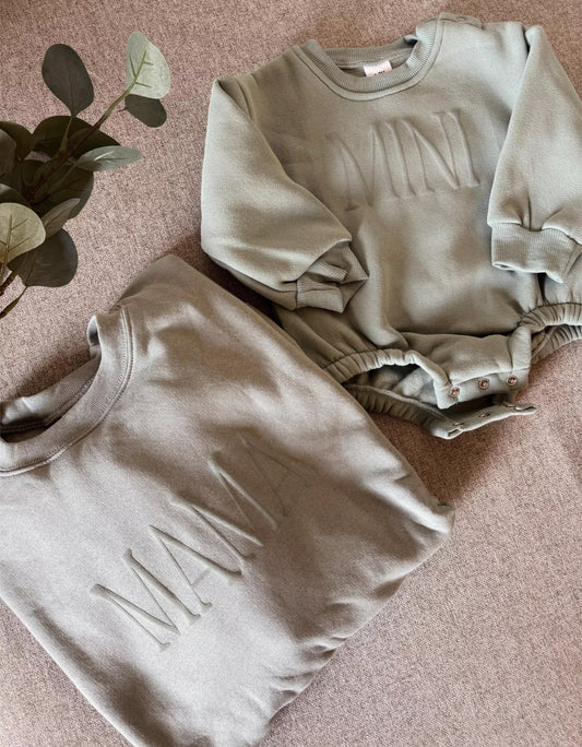 Mama and Mini Matching Puff Vinyl Apparel / Customized, Crewneck, Bubble Romper, Mama, Mini, Neutral