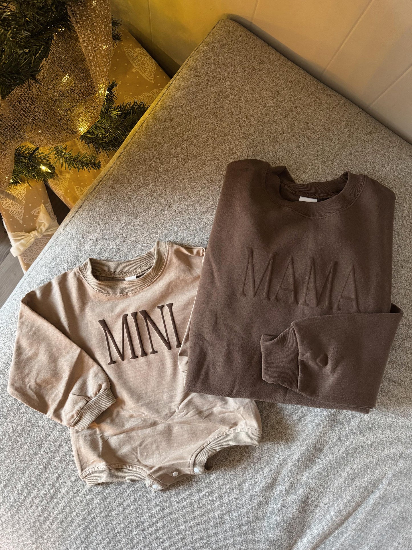 Personalized Mommy and Me Matching Puff Vinyl Apparel / Crewneck, Bubble Romper, Mama, Mini, Custom, Neutral, Sleeve Customization