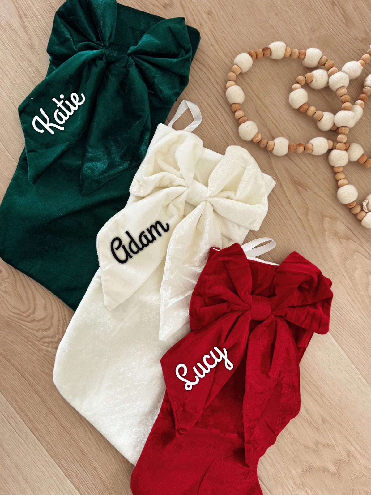 Personalized velvet Christmas stocking with embroidered name